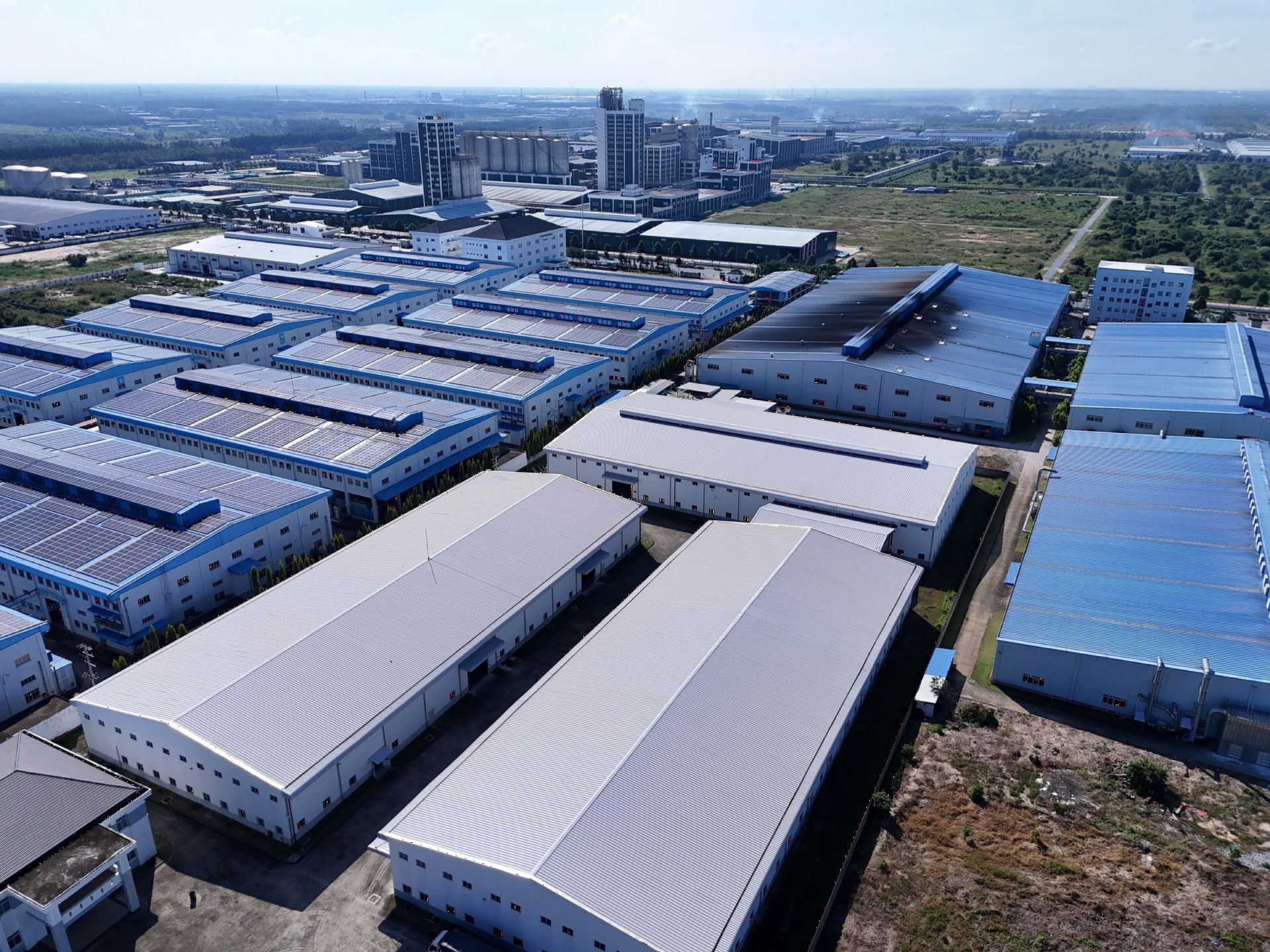 Aerial view of factory buildings in an industrial estate