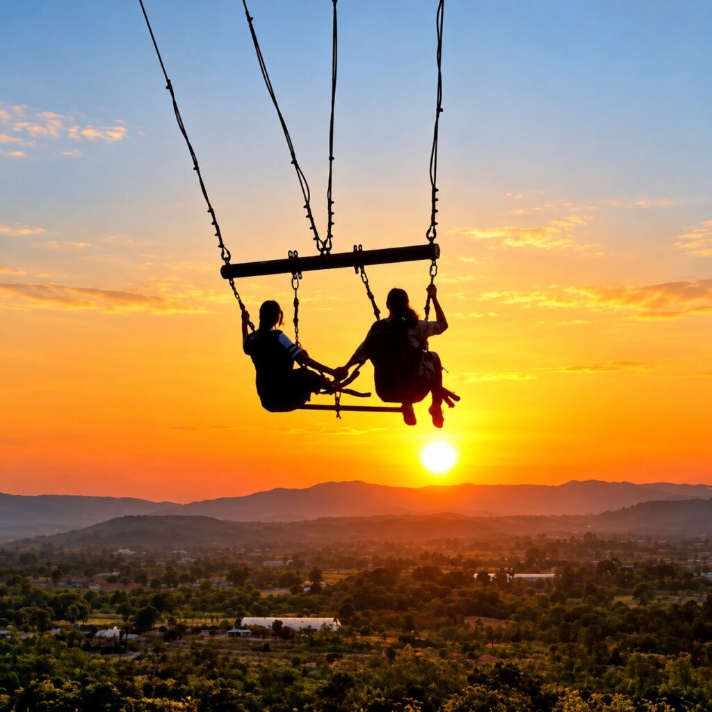 Giant swing over a valley at sunset