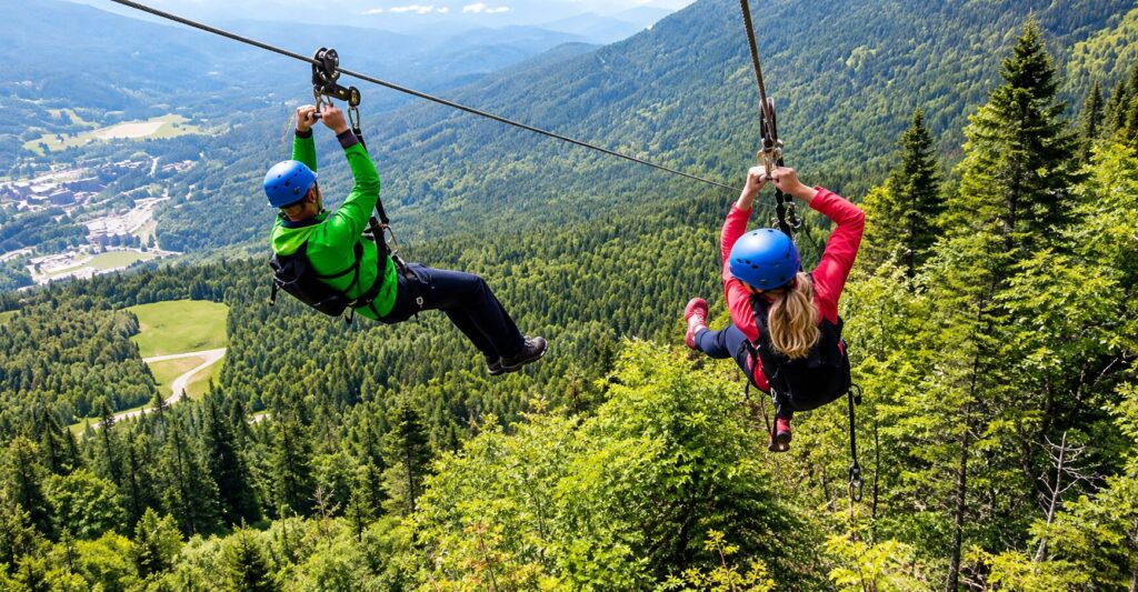 Twin zipline over a mountain valley
