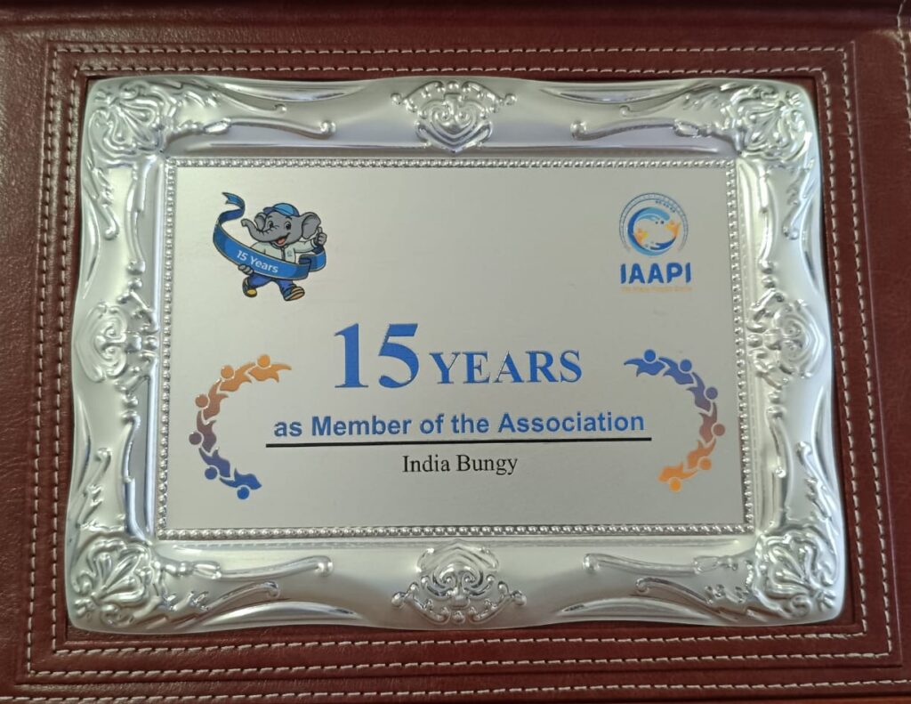 IAAPI plaque awarded to India Bungy for 15 years as a member of the association